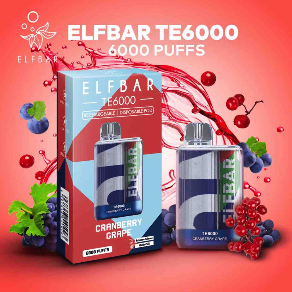ELF BAR TE6000 PUFFS DISPOSABLE POD 6000 puffs 550 mAh 50mg / 5% Strength Flavour: Strawberry Juicy Peach Durian King Taro Yam Pop Corn Caramel.