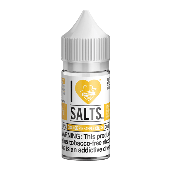 Orange Pineapple Crush MAD HATTER I LOVE SALTS takes two fruits, combines then into a traditional drink, and even mixes in some Synthetic Nicotine Salt.