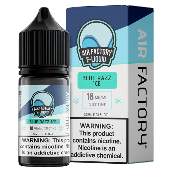 Blue Razz Ice by Air Factory Salt combines tangy blue raspberry with icy menthol in a 30ml-sized nicotine salt vape juice blend available in 18mg and 36mg