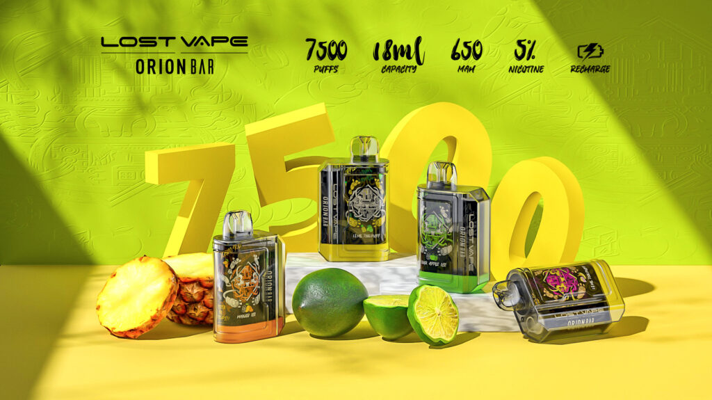 Shop the Lost Vape Orion BAR Disposable Vape, offering 7500 puffs from 18mL of prefilled eJuice at a 5% nicotine concentration to delight the taste buds.