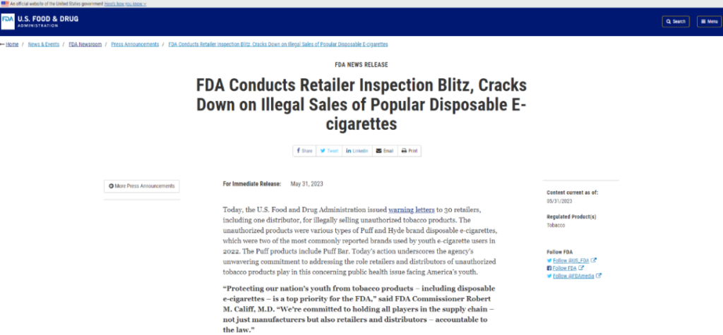 The FDA stated that the products mentioned in the warning letter are all disposable e-cigarettes, which are the most commonly used type of e-cigarette products by teenagers