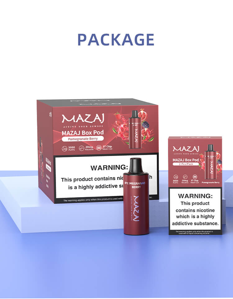 Mazaj box Pod 3000 puffs. Parameter: E-liquid Capacity:9ml. Salt nicotine:20mg(2%). Puffs:3000puffs. Delicate tastes in one box.