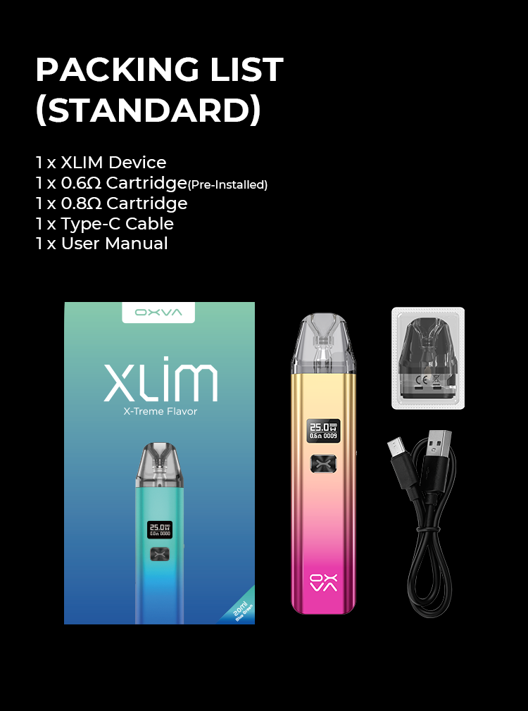 Widerstand, Coil 0.8 Ohm | fest verbaut ; DripTip, fest im Pod verbaut ; Pods, leer - selbstbefüllbar (refill) ; passend für. Xlim SE | OXVA ; Füllvolumen, 2.0 ml.