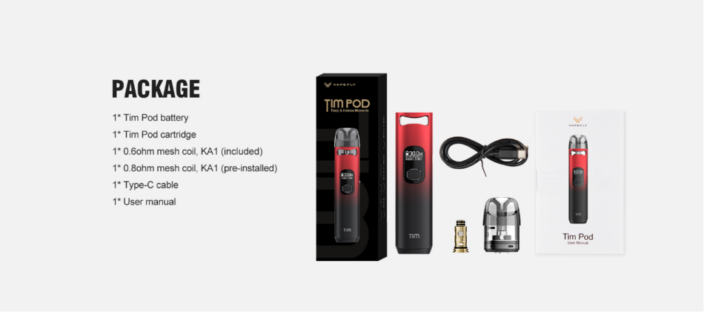 Features of the Vapefly - Pod E-Cigarette Set · Integrated 1100mAh battery · 30 watt output power · Automatic output mode · Fire button or draw activated Die Vapefly Tim Pod E-Zigarette ermöglicht ein Dampferlebnis mit einer Leistung von bis zu 30 Watt. Dieses E-Zigaretten-Set umfasst den Tim Pod Akku und einen