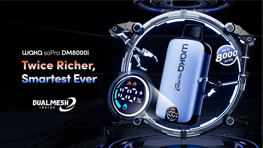 WAKA soPro DM8000i - the ultimate vaping experience! With its intelligent screen and DUALMESH™ technology, you'll enjoy up to 8000 puffs of pure ...